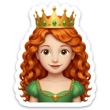 girl kid, Princess with long curly red orange hair, green dress, small crown sticker