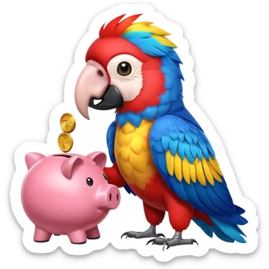 Macaw putting a coin into piggy bank with its beak sticker