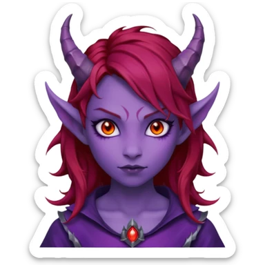 Demon Girl Purple Skin Dragon Horns Black Eyes Red Glowing Pupils Auburn Haired Red Shirt  sticker