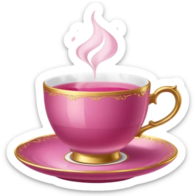 dark pink teacup, placed on a matching pink saucer, with gentle steam rising from the cup, golden details sticker