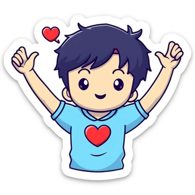 Black-haired male idol making a heart shape with his arms above his head, K-pop style sticker
