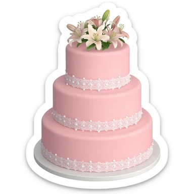 Pastel pink wedding cake with and with white lace, pearls and lilies on top sticker