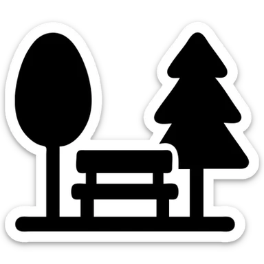 stylized trees and bench park icon, solid black fill, minimalist silhouette sticker