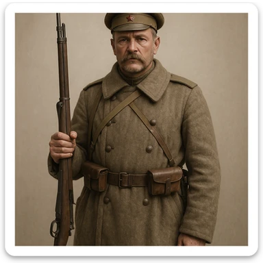 realistic style soldier of the Russian Army of World War I, greatcoat, rifle, forage cap, neutral background sticker