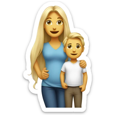 An emoji of a mother with long, flowing blonde hair standing confidently, next to her husband. In her arms, or in front of them, is a baby boy, representing a happy and loving family sticker