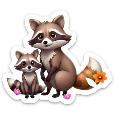 raccoon and a fox among a colorful forest with vibrant green trees, bushes and flowers. The animals are in the foreground, surrounded by a lush, bright forest, with soft sunlight filtering through the leaves. A playful and wild scene with a transparent background. sticker