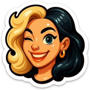 Remove the white outline completely. Add a nose piercing. Keep the Telegram sticker style with two-tone hair, a smile showing the upper row of teeth, winking, blue eyes, pale skin, and gold earrings. Only the head with hair, no background. sticker