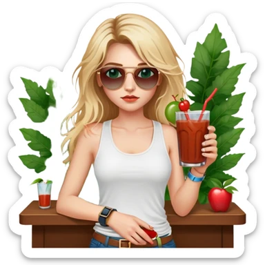 girl with long blond messy hair
with blue eyes
and aviator sunglasses
wearing white tank top 
holding bloody mary
wearing (rose gold apple watch with forest green band) sticker