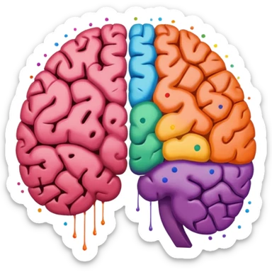 Un cerebro dividido a la mitad; el lado izquierdo está formado por puntos y ceros (0101), y el lado derecho por manchas de pintura de colores vibrantes. sticker