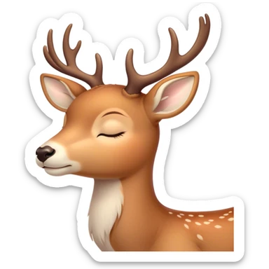 Meme-Worthy Cute Sleeping Deer Portrait Emoji, Head resting peacefully with a contented smile, showcasing a delicate, slender build and a luxuriously soft coat, eyes shut in a serene, restful nap, Simplified yet hilariously adorable features, highly detailed, glowing with a soft, drowsy light, high shine, relaxed and utterly lovable, stylized with an air of playful laziness, bright and heartwarming, soft glowing outline, capturing the essence of a comically sleepy deer, so meme-worthy it feels like it could instantly become the next viral sensation of adorable woodland slumber! sticker