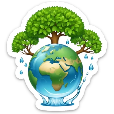 An icon featuring a tree, a recycling symbol, and a globe, representing ecology. The design includes green leaves, a water droplet, and wildlife, symbolizing the study of ecosystems, sustainability, and environmental protection. Transparent background. sticker