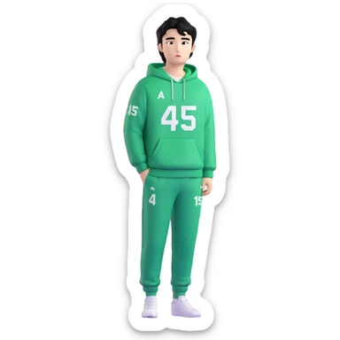 Draw Seong Gi-hun (Player 456), Korean male, messy black hair, green tracksuit with white number 456 printed on chest. sticker