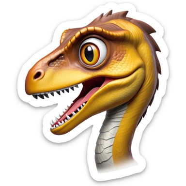 Cinematic Comical jurassic park Velociraptor Portrait Emoji, Head tilted dramatically with an exaggeratedly shocked expression, featuring a sleek, agile form with wide, comically expressive eyes and a quirky, animated snout that brings out its playful side, Simplified yet hilariously expressive features, highly detailed, glowing with a slightly sassy prehistoric glow, high shine, dramatic yet playful, stylized with an air of cheeky dinosaur mischief, soft glowing outline, capturing the essence of a meme-worthy jurassic park Velociraptor that looks ready to side-eye its way into viral fame! sticker