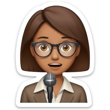 a office woman presenting her idea with microphone stop smiling and got scared with disappointed face
 sticker