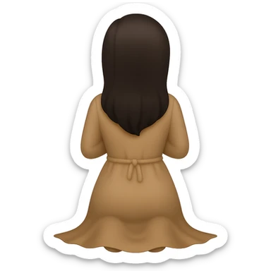 Edit the image to show a woman kneeling and praying from the back view, wearing a long tan dress and having dark brown hair. The style should resemble emoji style. Remove the background completely. sticker
