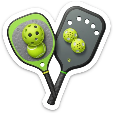Modern Pickleball paddle, dark grey. Pickleball ball beside or on top the paddle florescent green at 45 degrees sticker