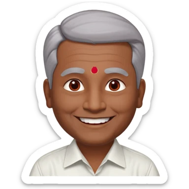 50 yr old indian man, dark skin, grey hair, big smile, white teeth, chubby, no moustache, clean shaven, young style hair, hair brushed back, 5 oclock shadow, bindy, dress shirt, forehead dot, chubby, religious, red dot sticker