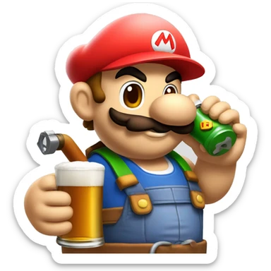 Mario plumber drinking beer with a shirt that reads “HOPE” with a pipe wrench logo sticker