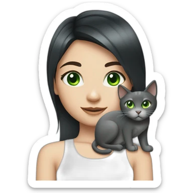 Girl has got black hair and green eyes with gray cat sticker