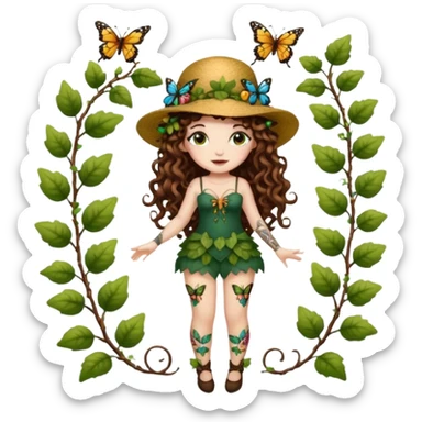 full body woman long curly brown hair brown eyes white skin tattoos wearing butterfly hat and glowing vine stockings sticker