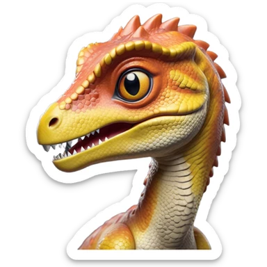 Cinematic Realistic Cute velociraptor/T-rex Portrait Emoji, Head tilted playfully and inquisitively, featuring a compact, slightly rounded build with intricately detailed, textured scales in natural hues and a surprisingly endearing face with bright, curious eyes, rendered with lifelike clarity and warm natural light, high shine, affectionate and quirky, styled with a touch of prehistoric whimsy, soft glowing outline, capturing the essence of a mischievous yet lovable velociraptor/T-rex that seems poised to stomp playfully into your arms! sticker