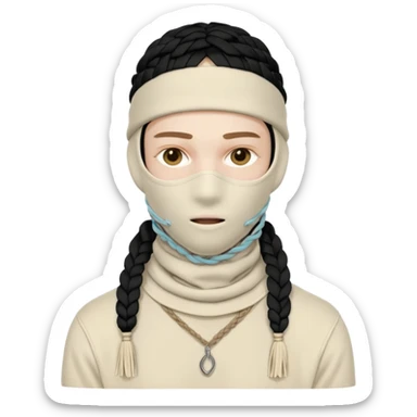 Ultra-detailed studio shot of a post-apocalyptic off-white balaclava — deconstructed, frayed, layered, with braided rope tassels and subtle embroidery. Minimalist white background, soft lighting, sharp focus. High-fashion streetwear aesthetic. The face of a person in a mask should not be visible sticker