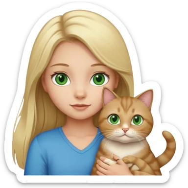 blonde girl with long blonde hair and blue eyes with tabby brown cat with green eyes and chubby gray cat with big green eyes sticker