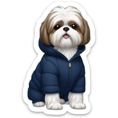 White and brown Shih tzu in navy blue puffer coat sticker