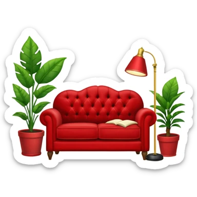 red velvet luxury loveseat with a mic in front, houseplant in back, and floor lamp in back sticker