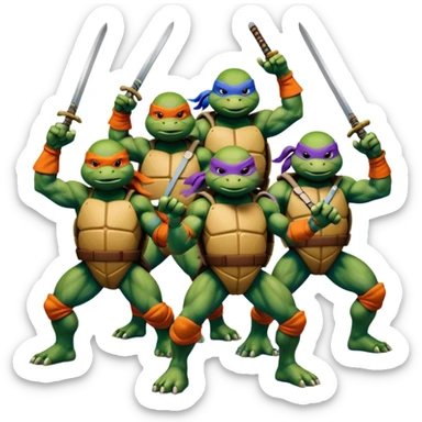 Give me a picture of 4 teenage mutant ninja turtles. Make them hold a fighting pose. One should be red, another orange, another purple, another blue sticker