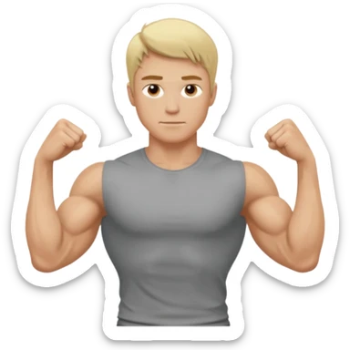 fais le meme blond, tee shirt gris mais musclé et fin sticker
