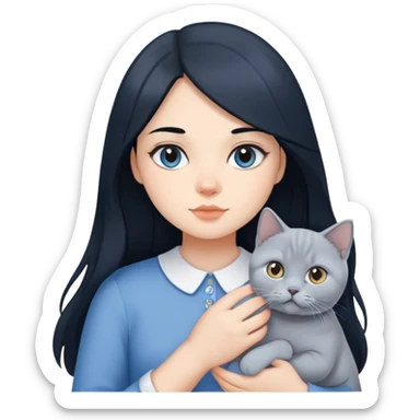 A girl with long black hair is holding a blue and white British shorthair sticker