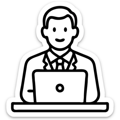 A 35-year-old male business coach sitting at a desk with a laptop sticker