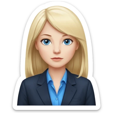 40 yr old white woman, pale skin, long straight blond hair parted in center, blue eyes, bangs, dress clothes for work sticker