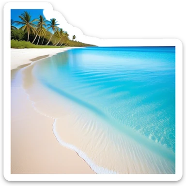Cinematic Realistic Pristine Crystal-Clear Water Beach Emoji in a wooden frame, Sunny and radiant, with soft golden sand stretching endlessly, gently lapping waves of crystal-clear turquoise water washing onto the shore. The water is so transparent it reveals the shimmering seabed below, creating an idyllic, pristine setting. Above, the sky is a vivid blue, with a few gentle wisps of clouds. Palm trees sway gracefully in the warm breeze, their reflections mirrored in the water. Soft glowing outline, capturing the essence of a peaceful, serene beach paradise where every element gleams with natural beauty. sticker