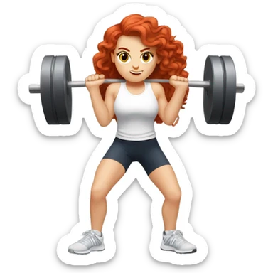 Sporty white Girl coach with long curly red hair doing squat with heavy weights sticker