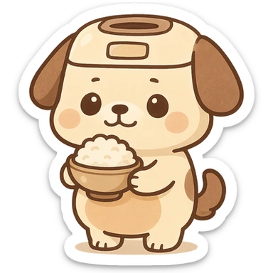 chibi rice cooker dog with a round belly, holding a rice bowl, soft cream and brown tones, full-body sticker