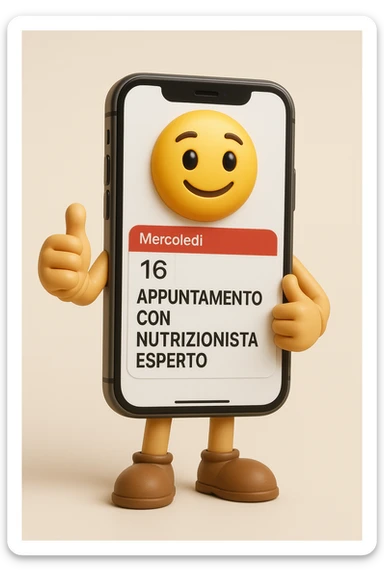 emoji stile iphone 3d di uno smartphone A FIGURA INTERA con appuntamento segnato sul calendario che dice: "APPUNTAMENTO CON NUTRIZIONISTA ESPERTO", IPERREALISTICO 4K sticker