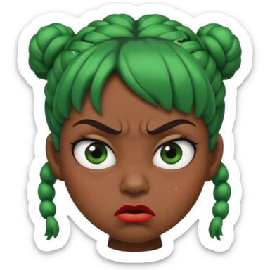Create a 3D cartoon-style girl character with dark skin, round face, angry expression, big wide eyes, and tightly styled double buns made of green beaded hair. The girl should look irritated, eyebrows sharply angled, and lips pressed in a frown. sticker