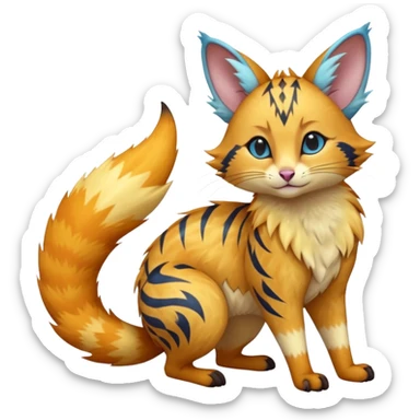 Realistic elegant sunburnt mango-saffron fur shattered by electric sky-blue zigzag scars beautiful elegant pretty precious cute  Fakémon-Pokémon-opossum-feline-serval-caracal-chinchilla-Furret-Minccino-hybrid-creature with a big fluffy bushy tail (full body) sticker