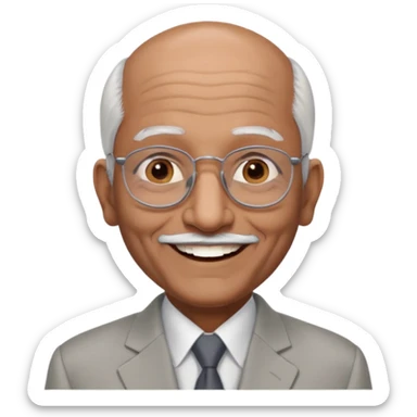 70 yr old indian man, almost bald, some white hair, light grey business suit, big smile, dark brown skin, no moustache, dark brown eyes, glasses
 sticker