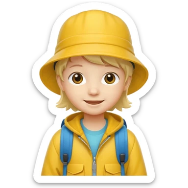 Little student wears yellow bucket hat and jacket, backpack, happy sticker
