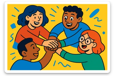 team collaboration, people joining hands in a circle, vibrant and energetic, cartoon style sticker