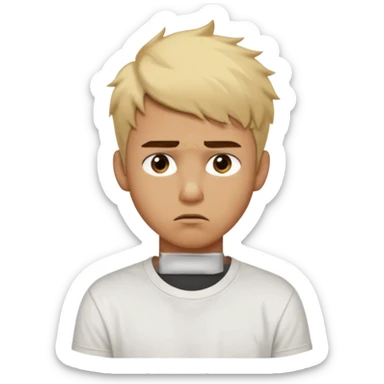 caramel skin color. Teen age. Short buzz, messy blonde hair, dark brown bushy eyebrows large expressive golden-brown eyes, brown skin color, scar over nose, wearing a plain white t-shirt. 20 year old male. Disappointed thinking facial expression. caramel skin color.  sticker