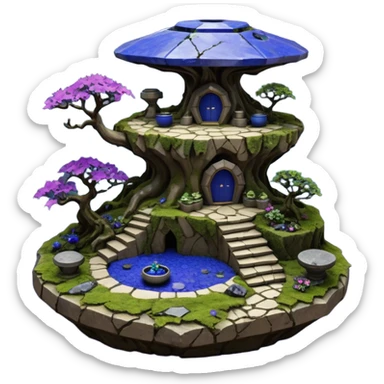  Alien saucer-castle jungle winding trail mountainside getaway haunted nighttime hobbit landscape antique mudman very old broken cracked intricate Stone Age lapis-crusted irregular dodecagon-shaped shallow dark moss rough bark violet flowered maple bonsai Saikei coffee table-sized pot  sticker