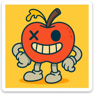 vibrant-toon style character: apple plush with light grey limbs, left eye has an X, ichor coming out of stem without leaf, wide grin sticker
