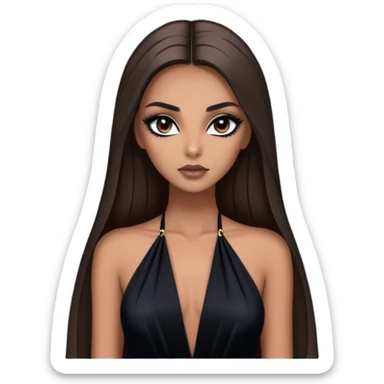 A dramatic half-body portrait of a woman with long straight hair and smoky eye makeup. She’s wearing a glamorous, dark evening gown and has a mysterious, captivating gaze, with a dark, moody background sticker