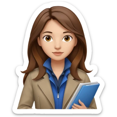 woman profession architect holding blueprints. She has brown eyes. She has so long brown hair. She dresses in jacket  sticker