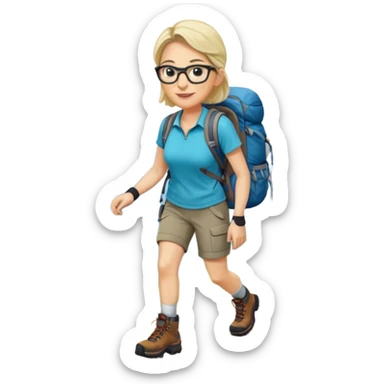 Woman in her 40s with glasses wearing sporty outfit, hiking boots, and backpack looking happy and curious sticker