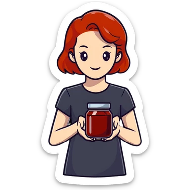 redhead woman showing a glass jar with jam at arms length, closeup sticker